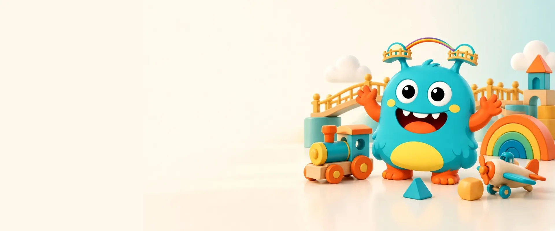 ToysBridge rainbow bridge mascot with a toy train, building blocks and airplane