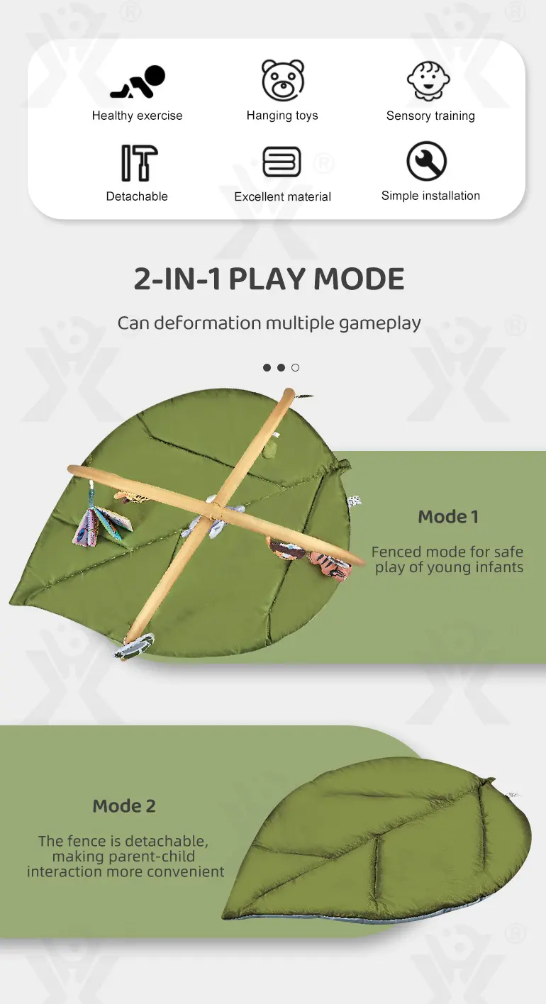 Baby Play Mat Gyms, “Forest Leaf” Shape, with Wooden Stand (TB-4526477) — illustrated product details, panel 2
