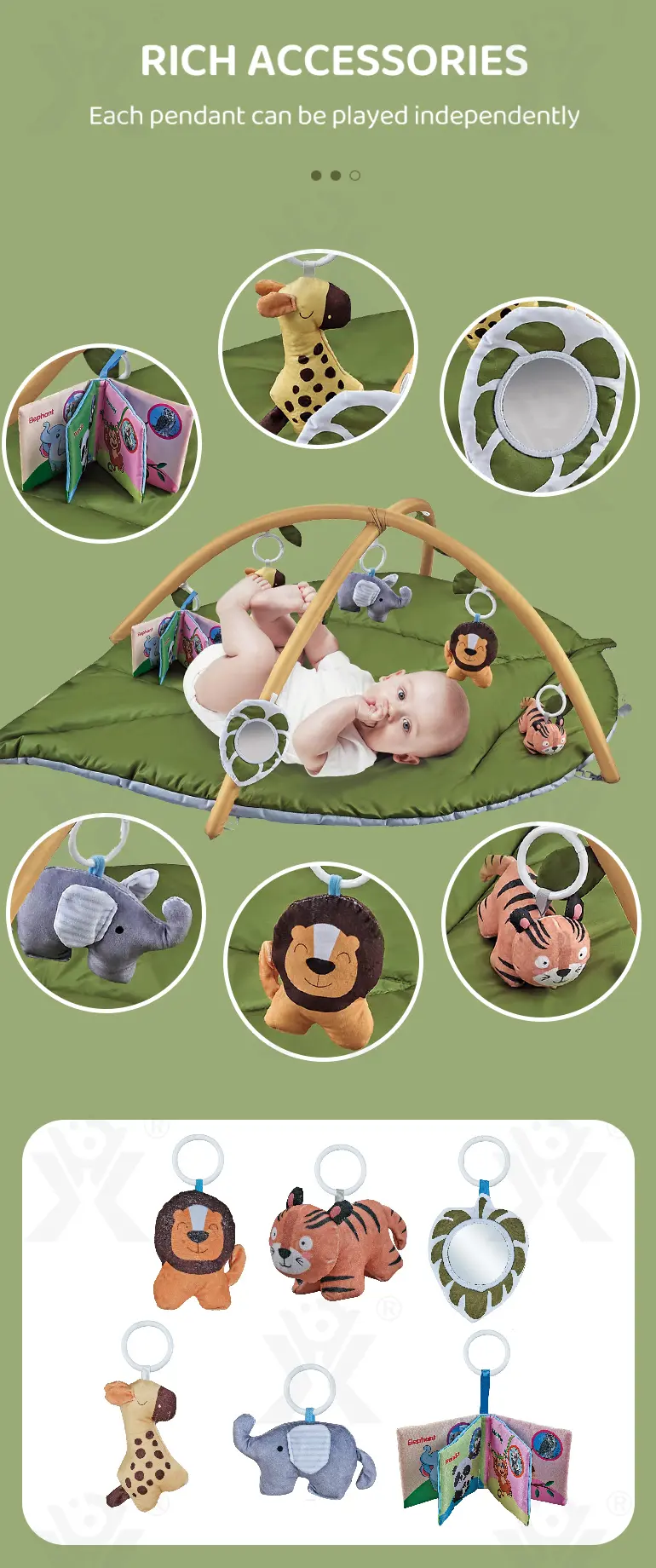 Baby Play Mat Gyms, “Forest Leaf” Shape, with Wooden Stand (TB-4526477) — illustrated product details, panel 4