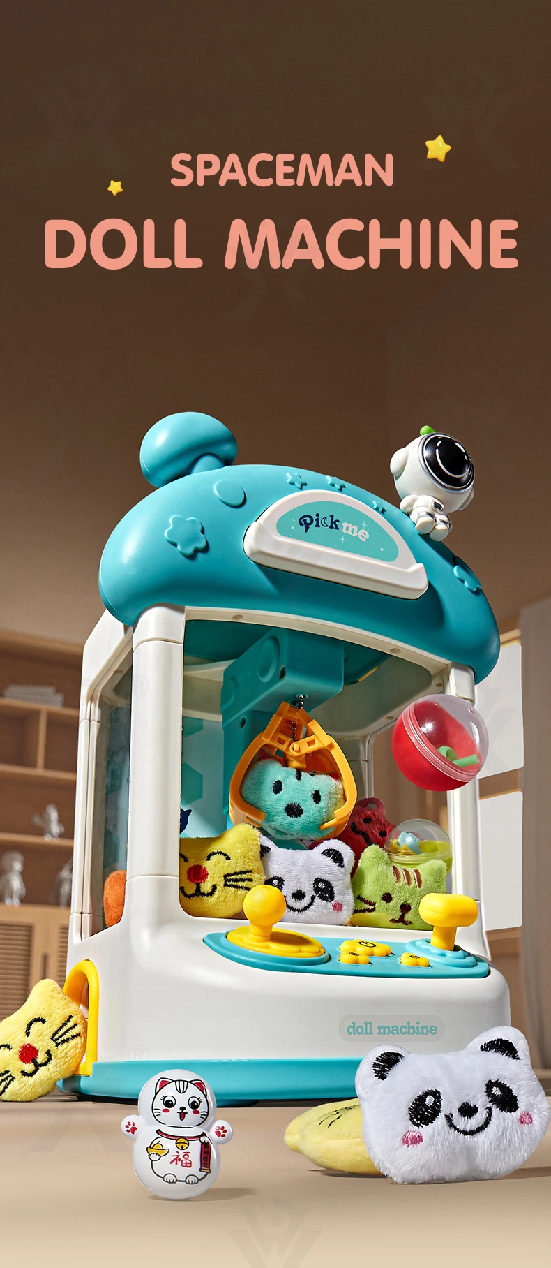 Astronaut-Themed Mini Claw Machine Toy with Plush Dolls, Sound & Light Effects, and Surprise Eggs (TB-4262258) — illustrated product details, panel 1