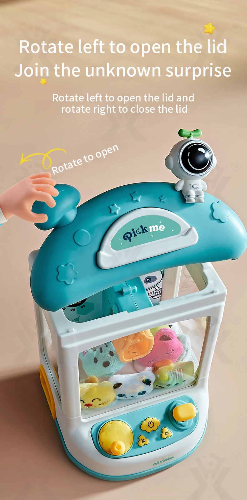 Astronaut-Themed Mini Claw Machine Toy with Plush Dolls, Sound & Light Effects, and Surprise Eggs (TB-4262258) — illustrated product details, panel 5