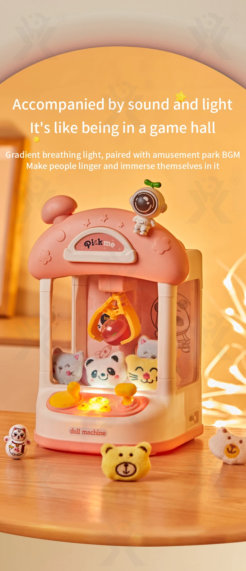 Astronaut-Themed Mini Claw Machine Toy with Plush Dolls, Sound & Light Effects, and Surprise Eggs (TB-4262258) — illustrated product details, panel 7