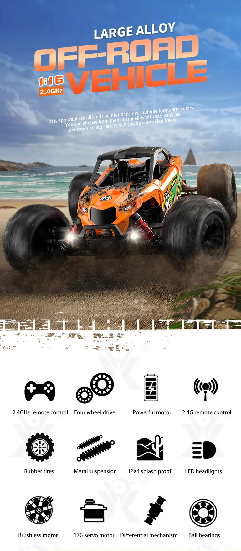 High-Speed RC Cars, 36km/h, 1:16 Simulation Car Body, Six Colors Available (TB-4048964) — illustrated product details, panel 1