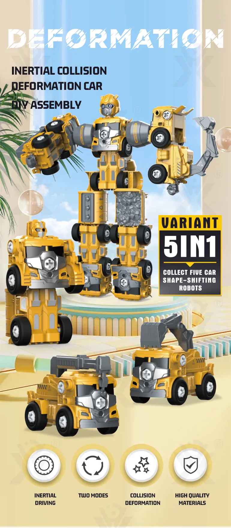 5-in-1 Transforming Construction Vehicle Robot Toy Set for Kids (TB-4469636) — illustrated product details, panel 1