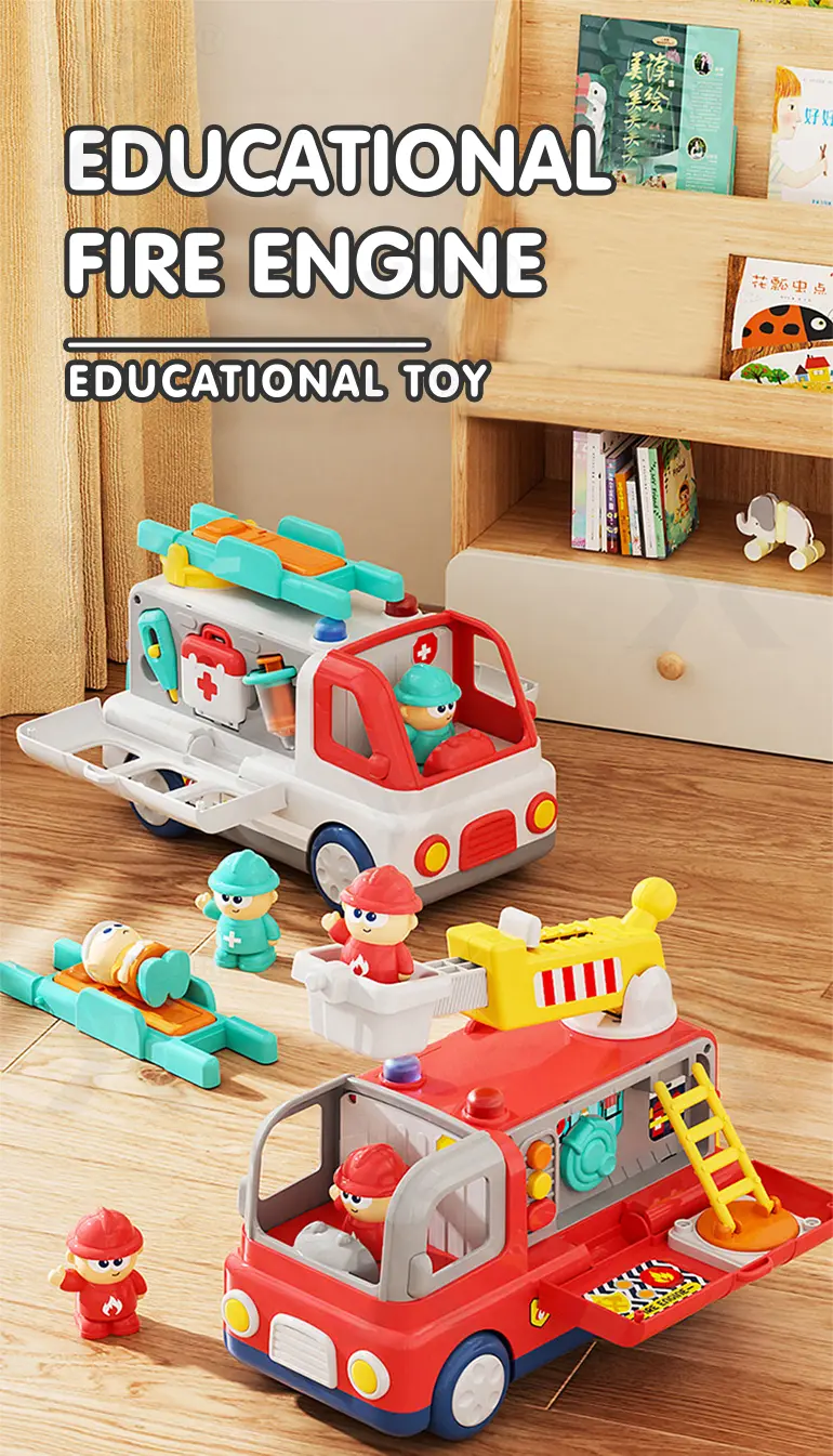 Interactive Firefighter Truck Toy with Rotating Ladder, Sound & Light Effects (TB-4905975) — illustrated product details, panel 1