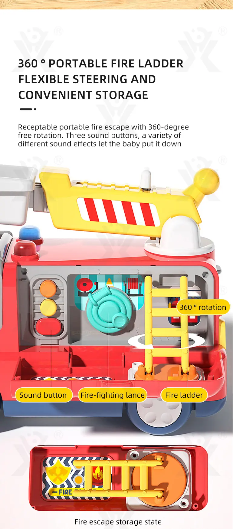 Interactive Firefighter Truck Toy with Rotating Ladder, Sound & Light Effects (TB-4905975) — illustrated product details, panel 5