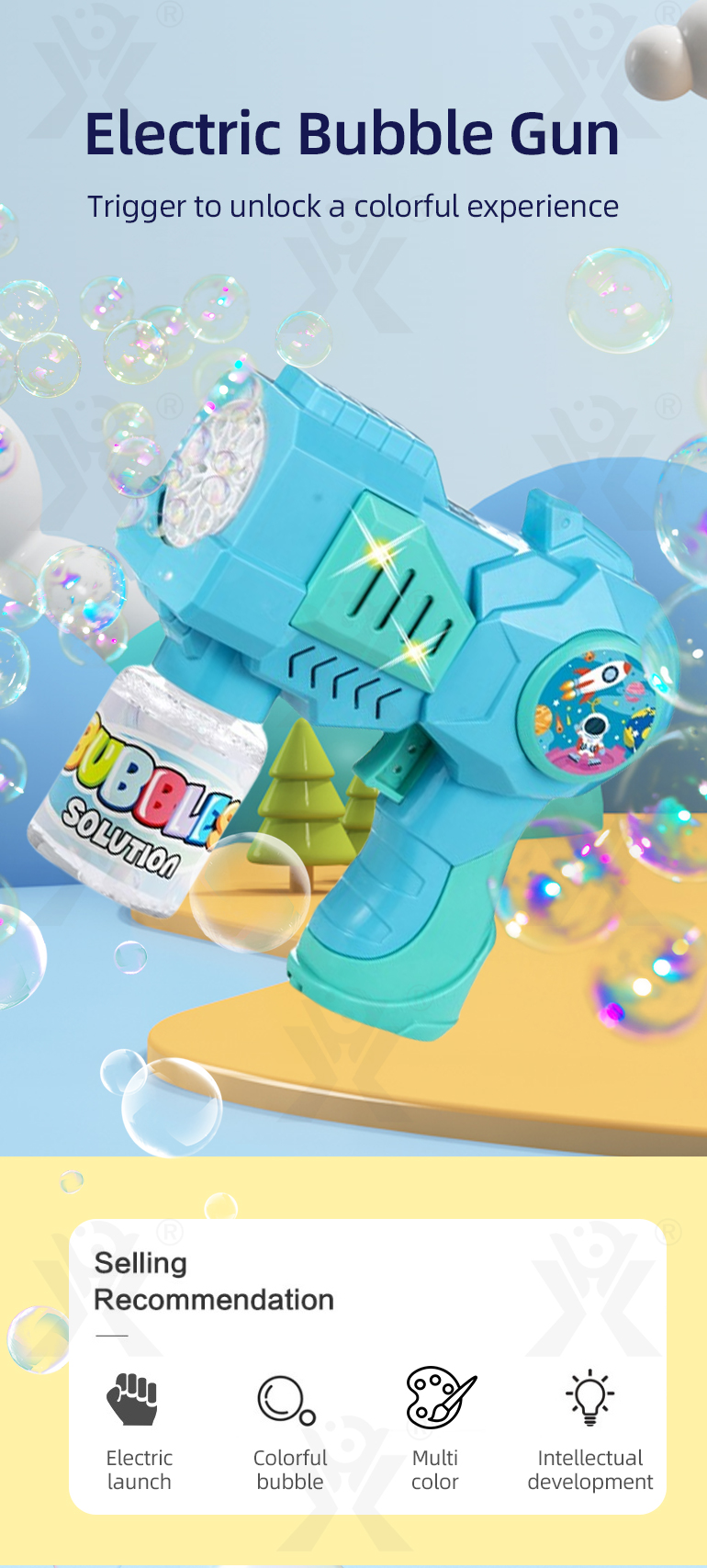 Porous Electric Bubble Gun Toy (TB-4373020) — illustrated product details, panel 1