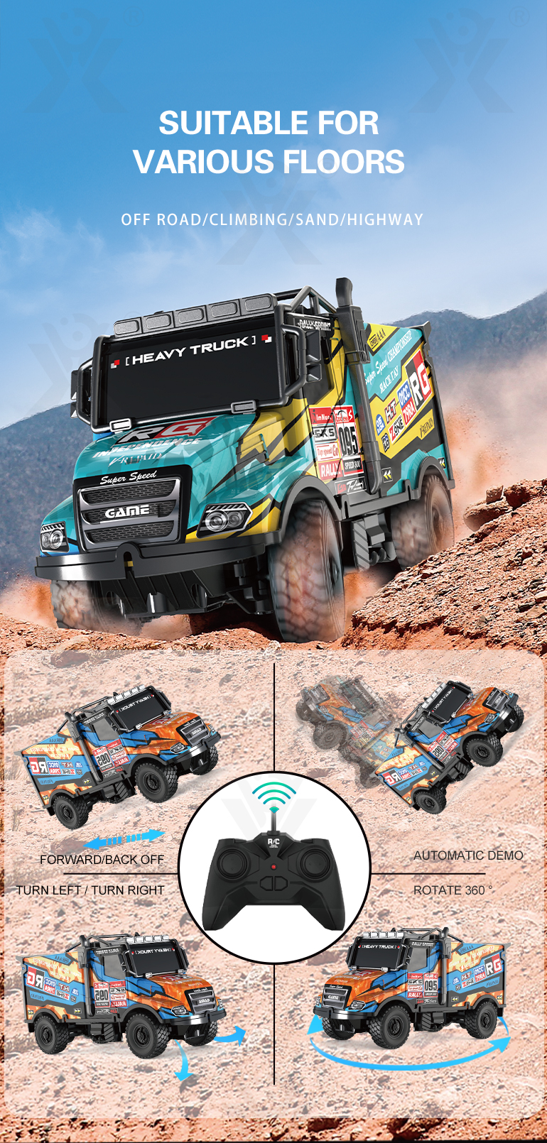 RC Truck Rally Toy For Kids, All-terrain Tyres (TB-4263466) — illustrated product details, panel 3