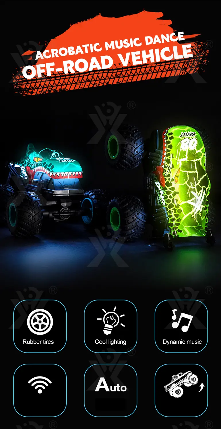 RC Stunt Dancing Car Toy with LED Light, Music (TB-4003089) — illustrated product details, panel 1