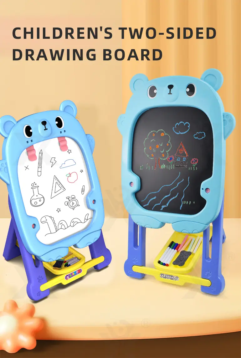 Double-Sided Kids Drawing Board with Adjustable Easel & Storage Tray (TB-2335589) — illustrated product details, panel 1