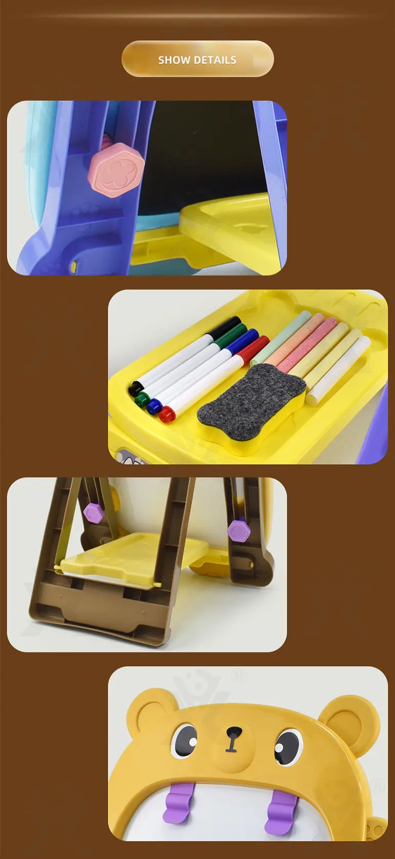 Double-Sided Kids Drawing Board with Adjustable Easel & Storage Tray (TB-2335589) — illustrated product details, panel 8