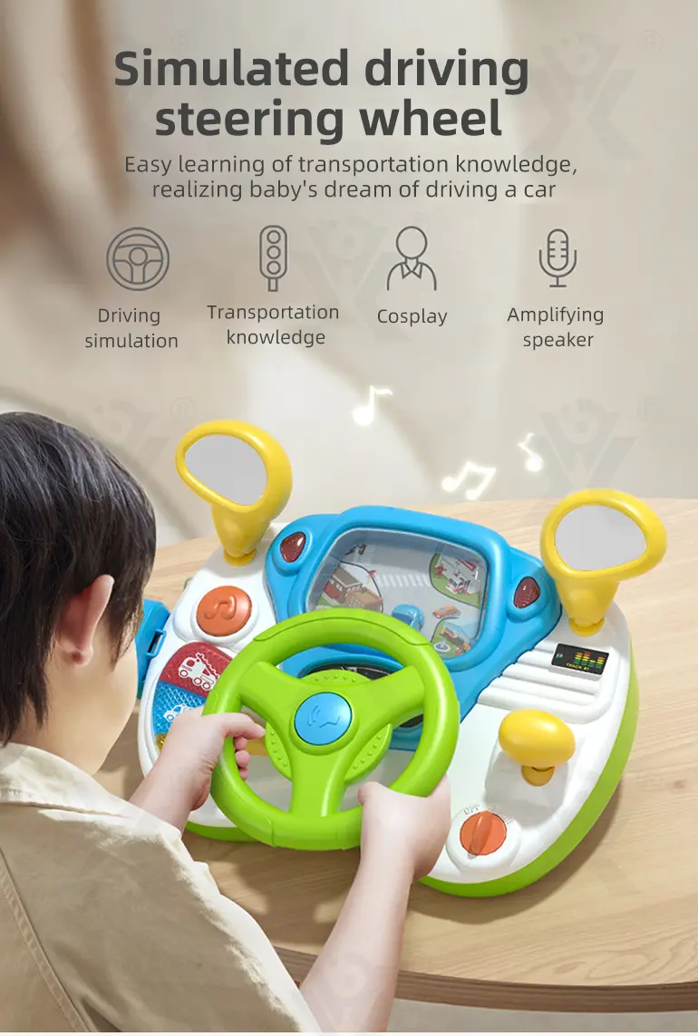 Kids Driving Simulator Toy with Steering Wheel, Gear Shift & Realistic Road Scene (TB-4148612) — illustrated product details, panel 1