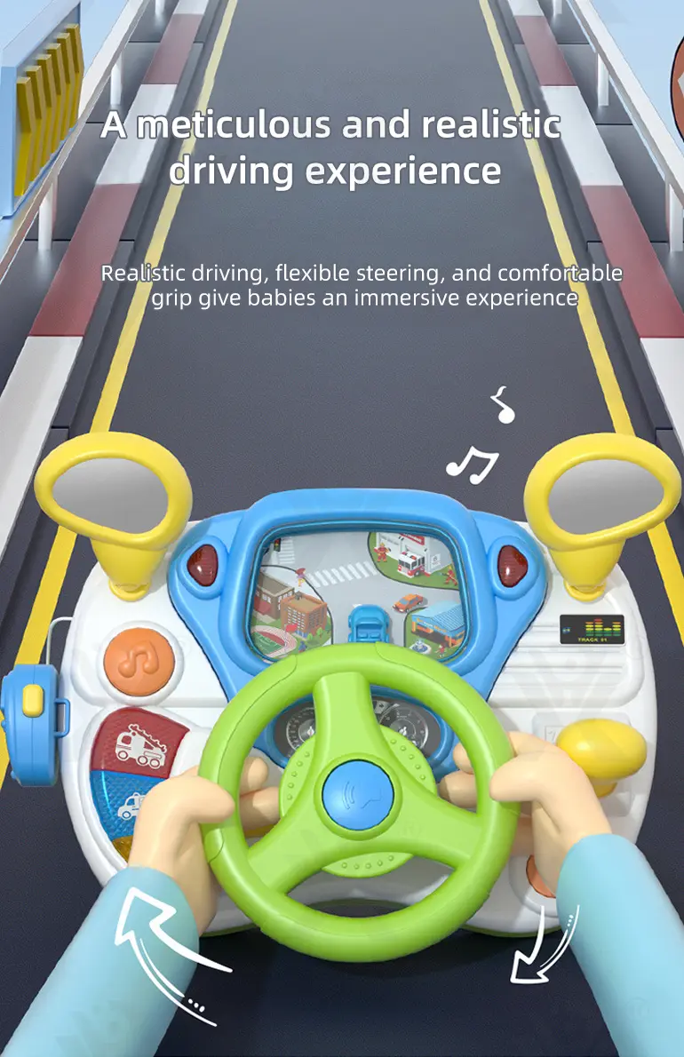 Kids Driving Simulator Toy with Steering Wheel, Gear Shift & Realistic Road Scene (TB-4148612) — illustrated product details, panel 3
