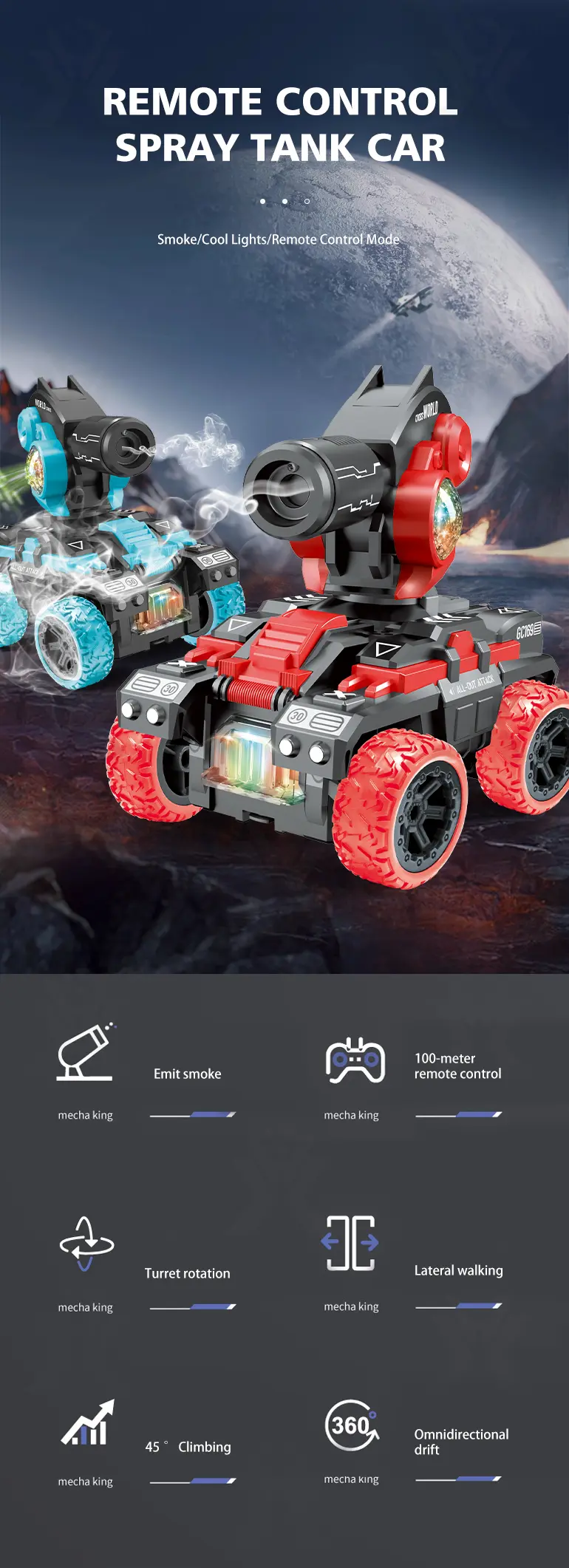 Remote Control Spray Tank Toy with 360° Turret, Mist Effect, and Battle Mode (TB-4056429) — illustrated product details, panel 1
