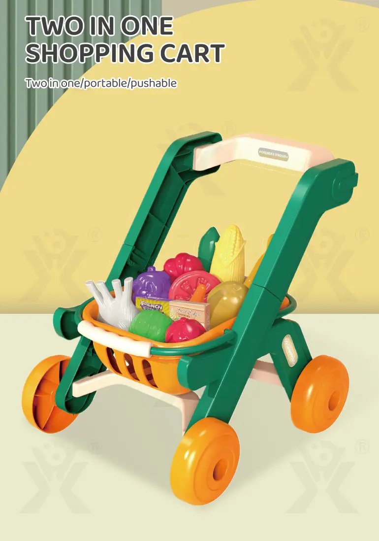 Kids 2-in-1 Shopping Cart Toy with Basket & Play Food Accessories, Role Play, Pretend Play (TB-4008954) — illustrated product details, panel 1