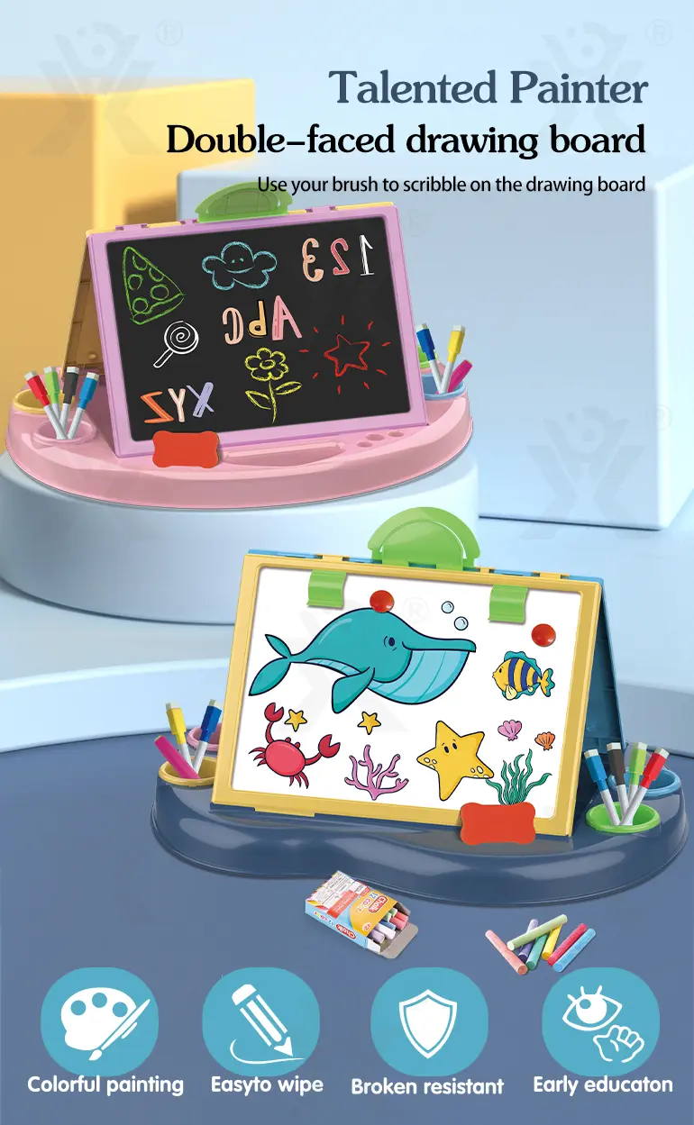 Kids Dual-Sided Painting Table with Chalkboard & Whiteboard (TB-2303984) — illustrated product details, panel 1