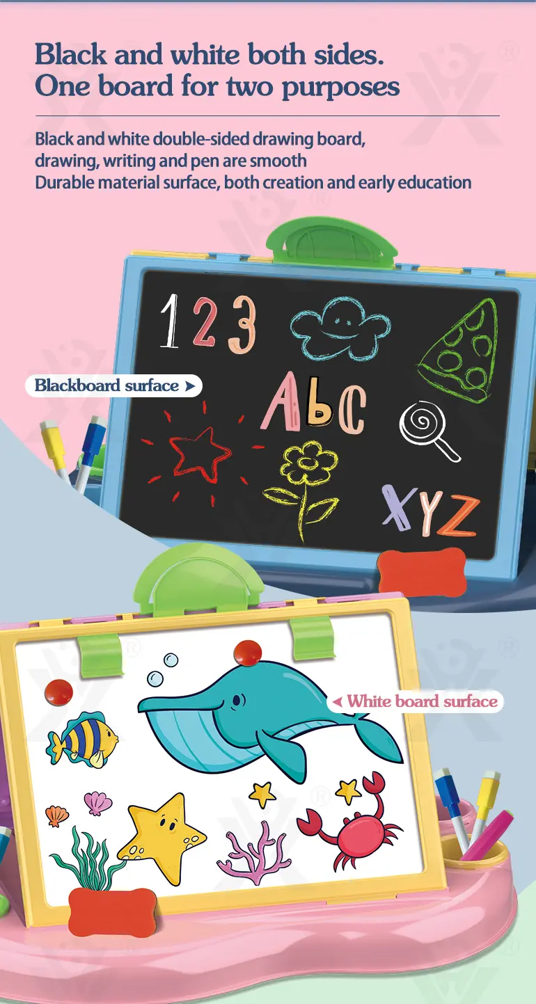 Kids Dual-Sided Painting Table with Chalkboard & Whiteboard (TB-2303984) — illustrated product details, panel 2