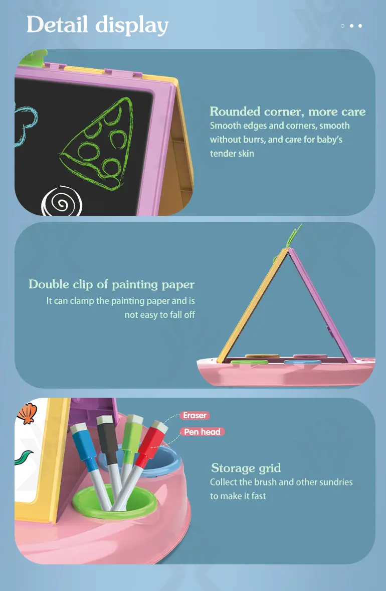 Kids Dual-Sided Painting Table with Chalkboard & Whiteboard (TB-2303984) — illustrated product details, panel 4