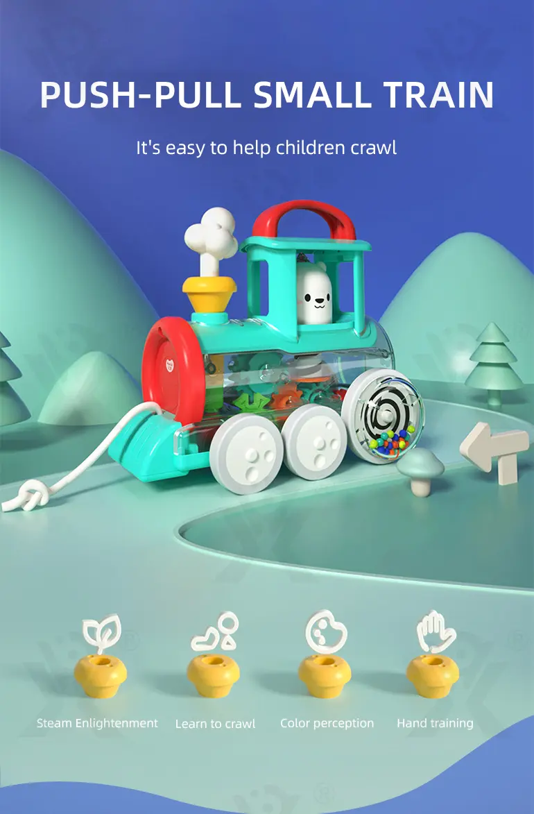 Push-Pull Small Train Toy With Smoke, Gears & Rotating Bead (TB-4002047) — illustrated product details, panel 1