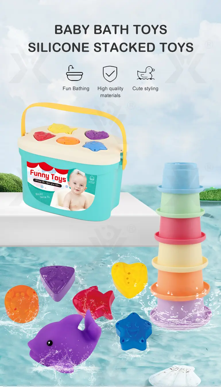 Baby Bath Toy Silicone Stackable with Storage & Shape Pairing Play (TB-4321187) — illustrated product details, panel 1