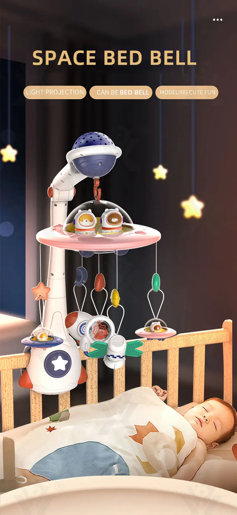 Soothing Space Bed Bell with Star Projection, Music, and Rotating Pendant (TB-4118887) — illustrated product details, panel 1