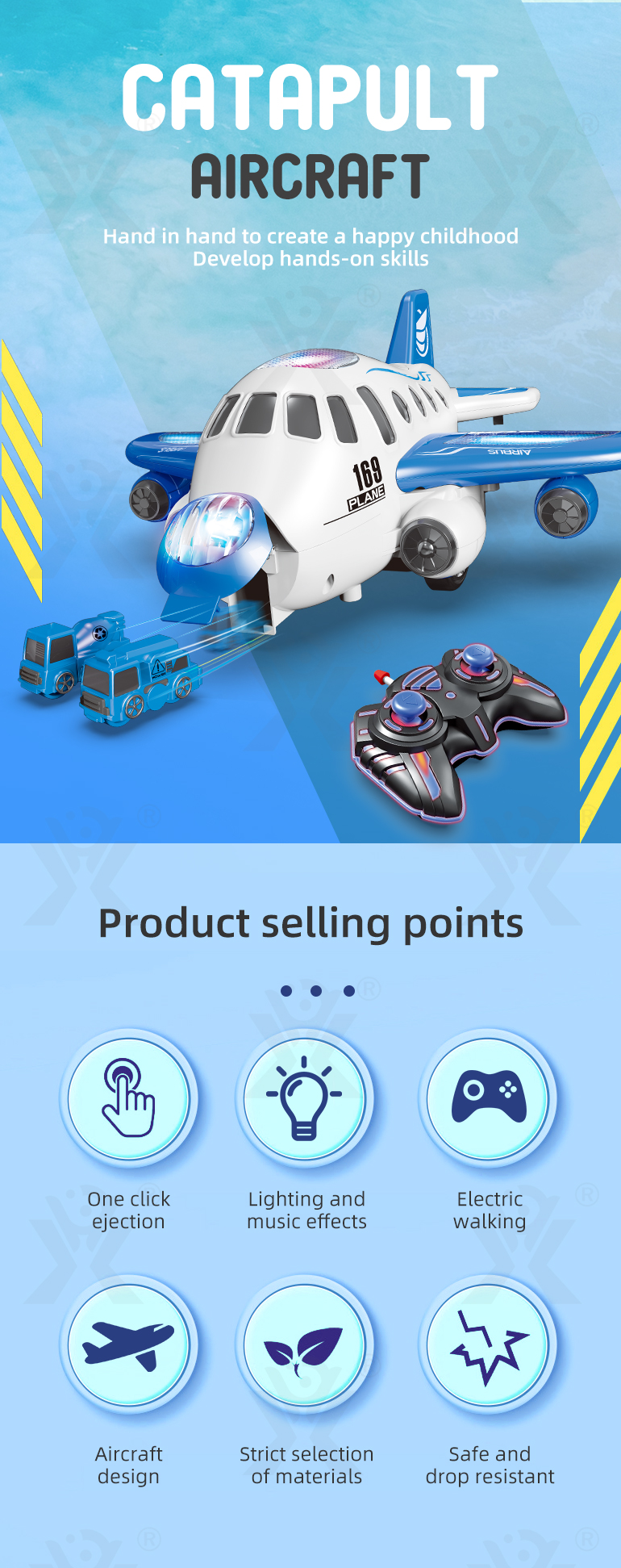 Aircraft Toy with RC Drive & One-Click Launch (TB-4305649) — illustrated product details, panel 1