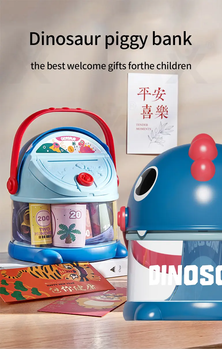 Dinosaur Piggy Bank, Transparent Deposit Box With a Wish Book, ABS Material (TB-3977830) — illustrated product details, panel 1
