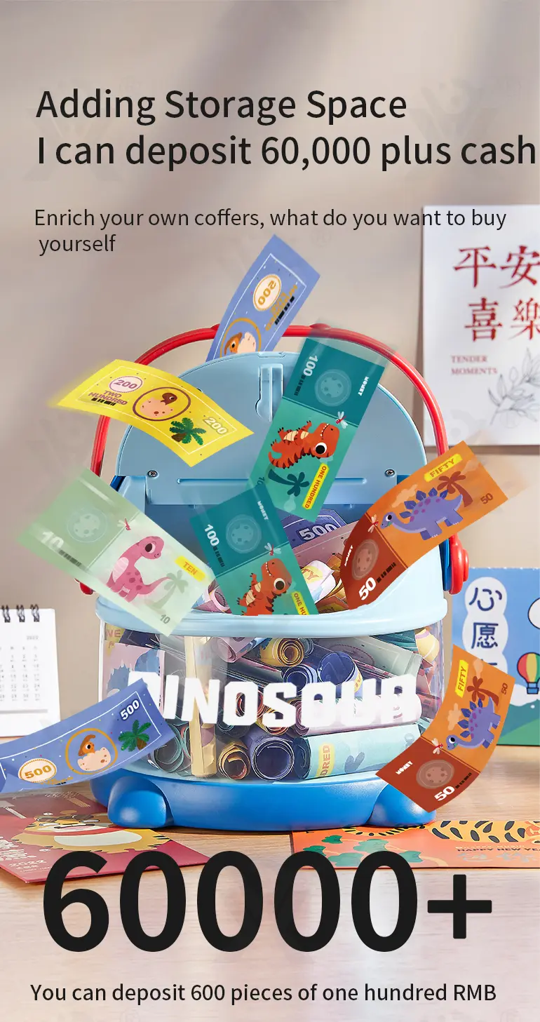 Dinosaur Piggy Bank, Transparent Deposit Box With a Wish Book, ABS Material (TB-3977830) — illustrated product details, panel 3