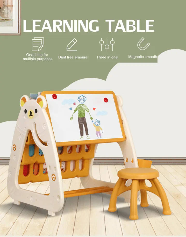 3-in-1 Study Table for Kids, Desk, Drawing Board & Bookshelf (TB-2320339) — illustrated product details, panel 1