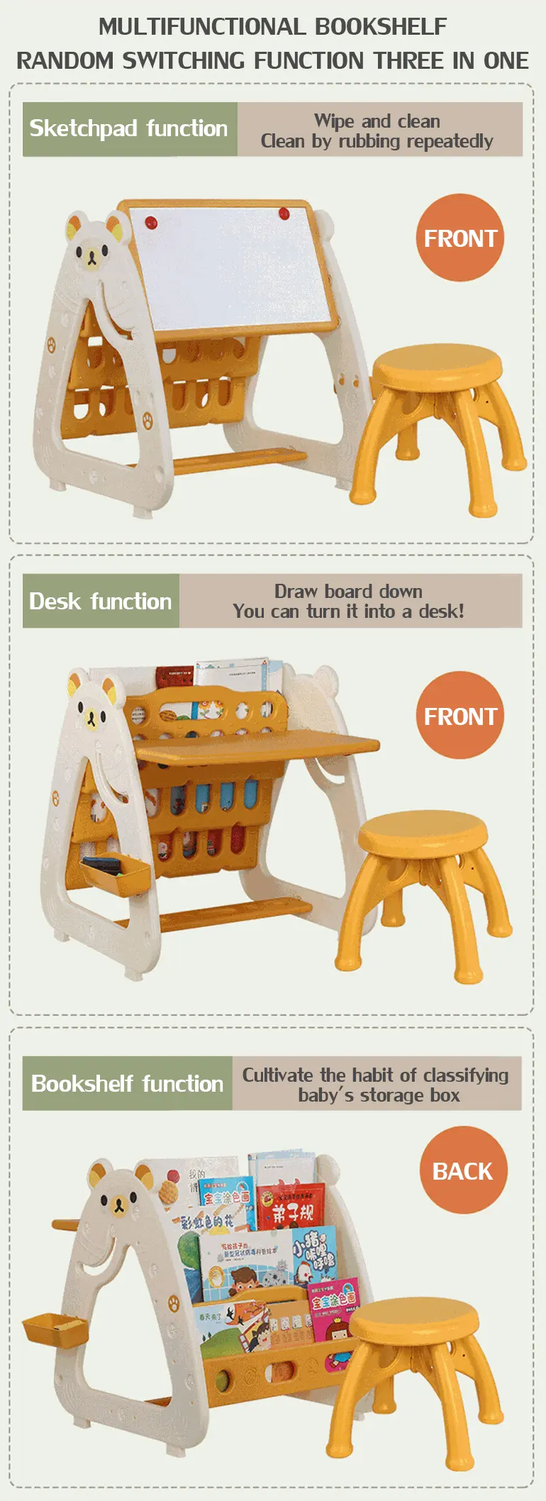3-in-1 Study Table for Kids, Desk, Drawing Board & Bookshelf (TB-2320339) — illustrated product details, panel 2