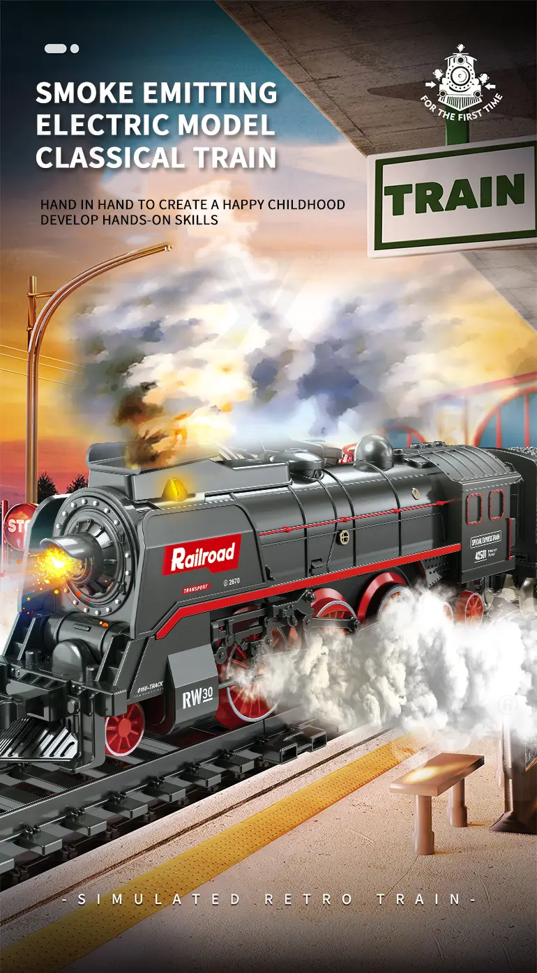 Retro Electric Train Toy, Steam Spray Effect (TB-4113827) — illustrated product details, panel 1