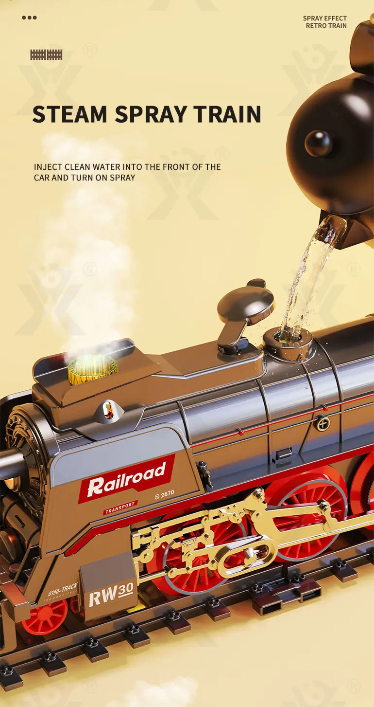 Retro Electric Train Toy, Steam Spray Effect (TB-4113827) — illustrated product details, panel 6
