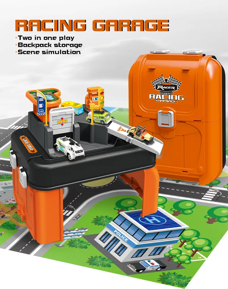 Parking Lot Backpack Toy Set, Diecast Racing (TB-2294523) — illustrated product details, panel 1