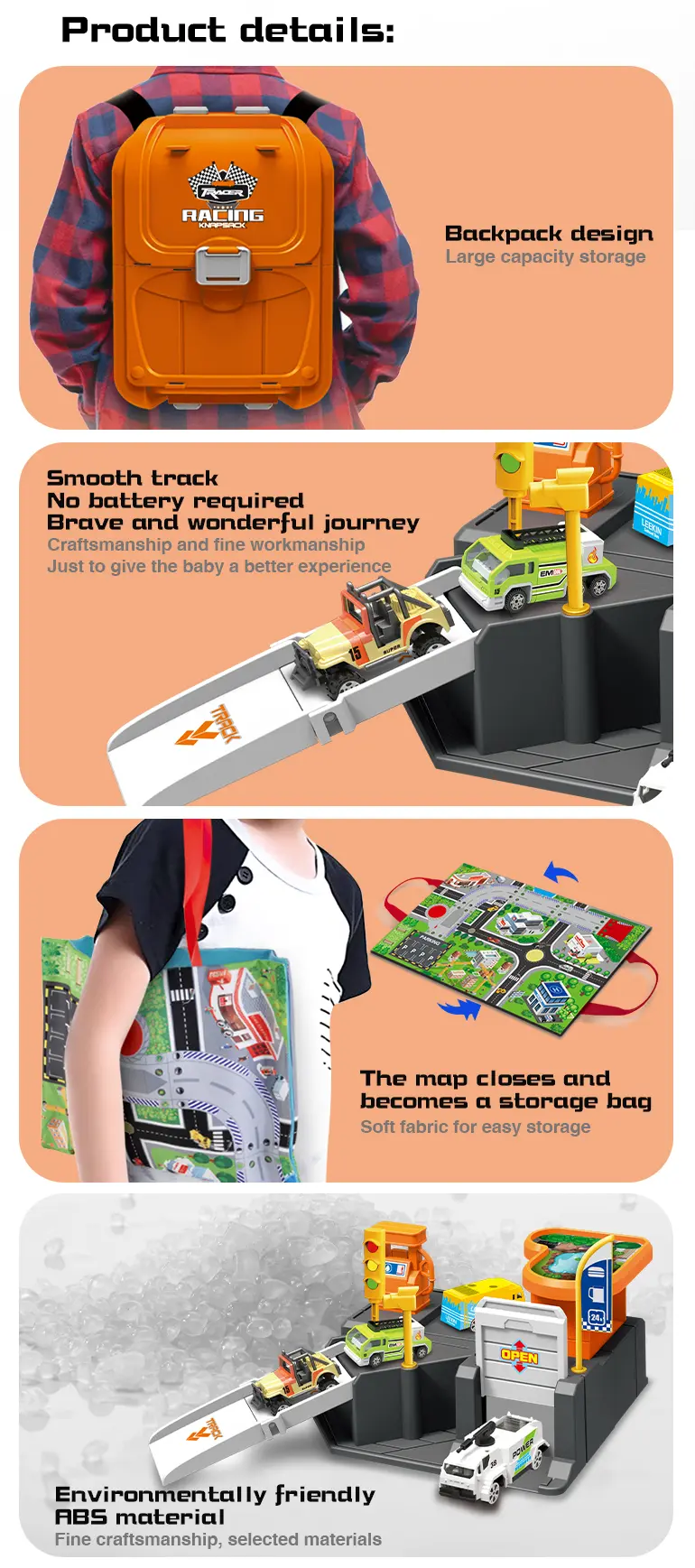 Parking Lot Backpack Toy Set, Diecast Racing (TB-2294523) — illustrated product details, panel 3