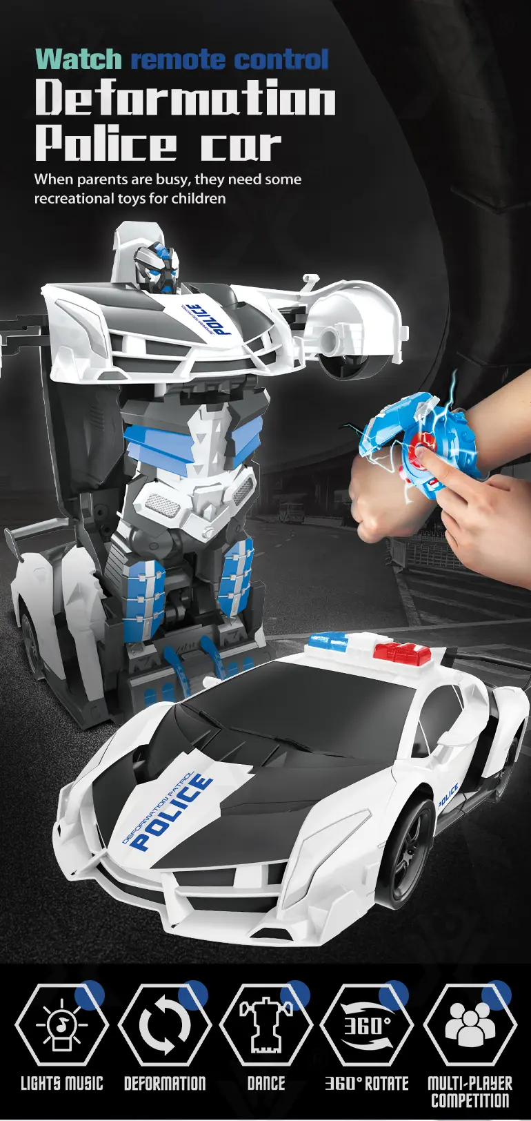 Police Car Transforming Toy with Lights and Music (TB-2366843) — illustrated product details, panel 1
