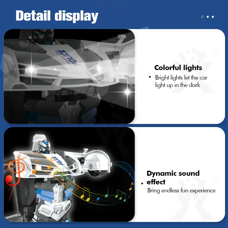 Police Car Transforming Toy with Lights and Music (TB-2366843) — illustrated product details, panel 3
