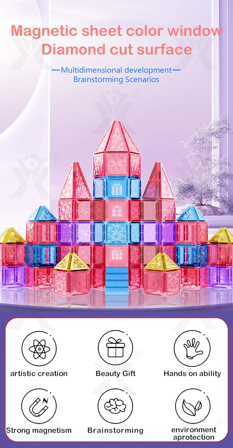 Pink Magnetic Tiles Set 3D Blocks-diy building blocks (TB-4412687) — illustrated product details, panel 1