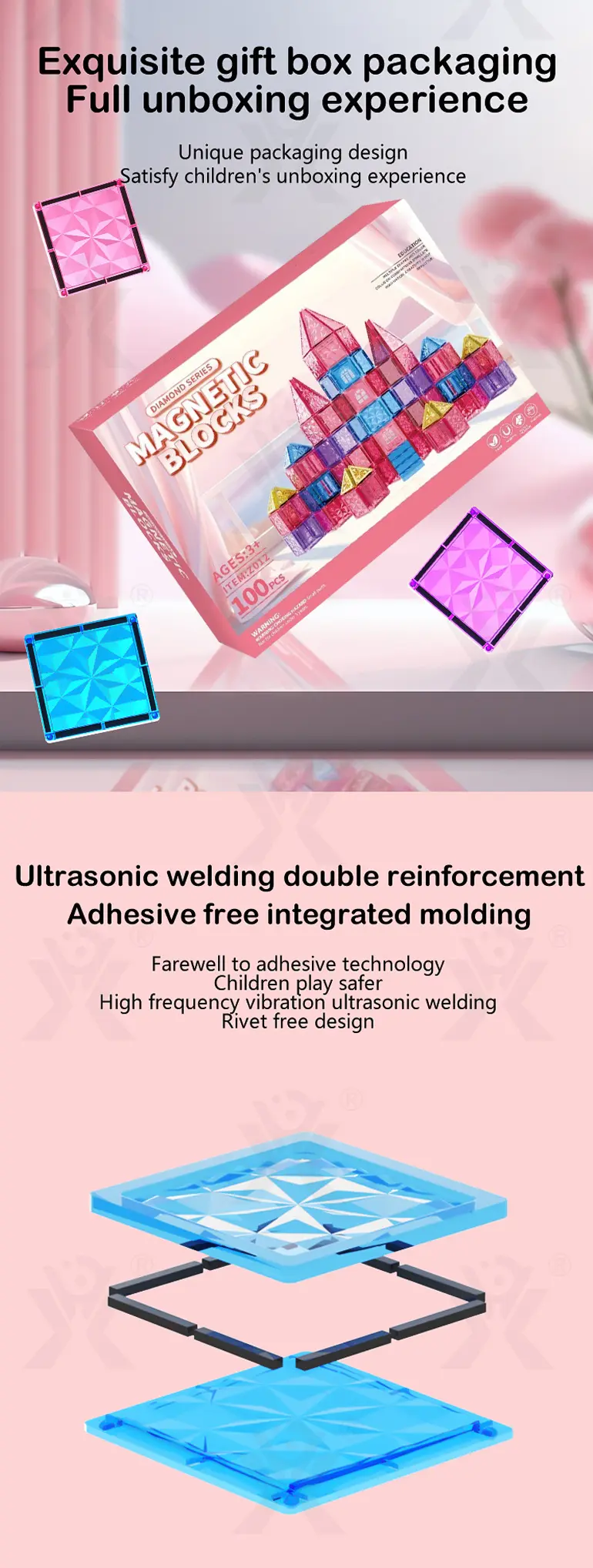 Pink Magnetic Tiles Set 3D Blocks-diy building blocks (TB-4412687) — illustrated product details, panel 2