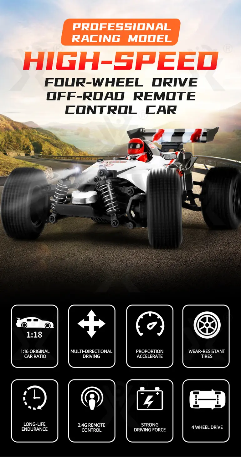 Off-Road Racing Car Toy With Servo Steering, 1:18 Scale, 4WD (TB-2211830) — illustrated product details, panel 1