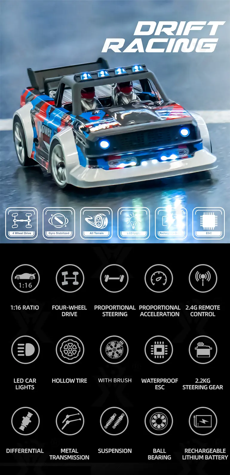 1:16 Scale RC Drift Car With Gyro Stabilized (TB-4024314) — illustrated product details, panel 1