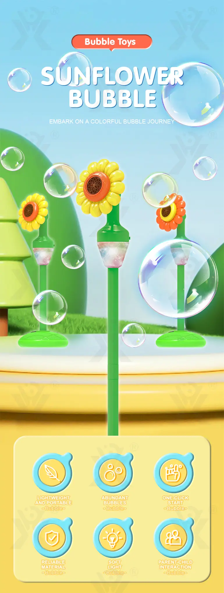 Sunflower Bubble Machine Toy (TB-5067151) — illustrated product details, panel 1