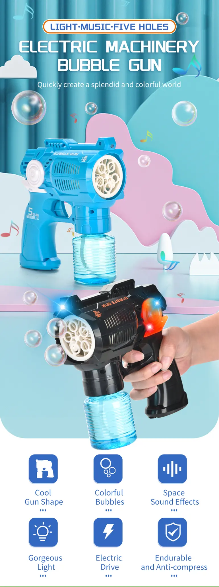 Electric Bubble Gun Toy with Fan (TB-2136126) — illustrated product details, panel 1