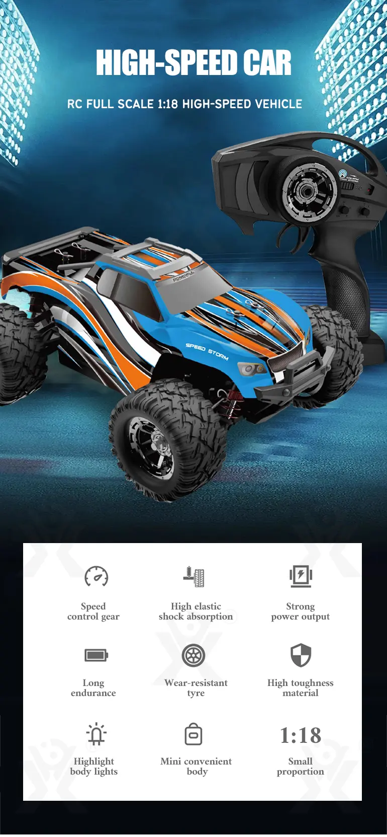 1/18 RC Monster Truck Toy, Shock Absorption System (TB-3942075) — illustrated product details, panel 1