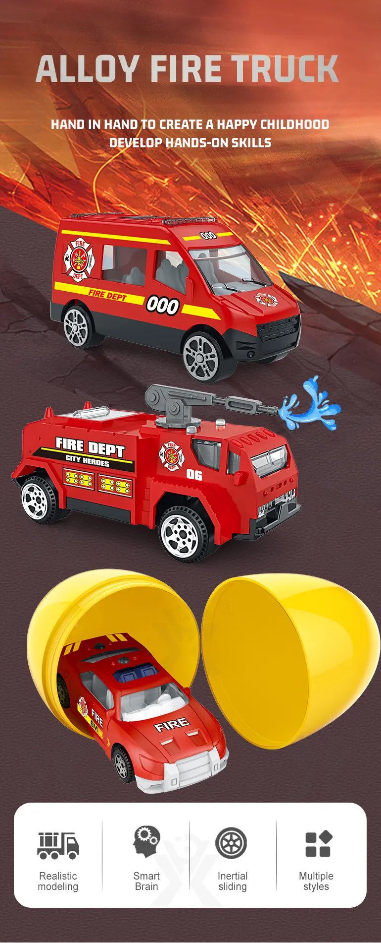 Diecast Fire Truck, Twist-Egg Style, 12 Collectable Style (TB-1500229) — illustrated product details, panel 1