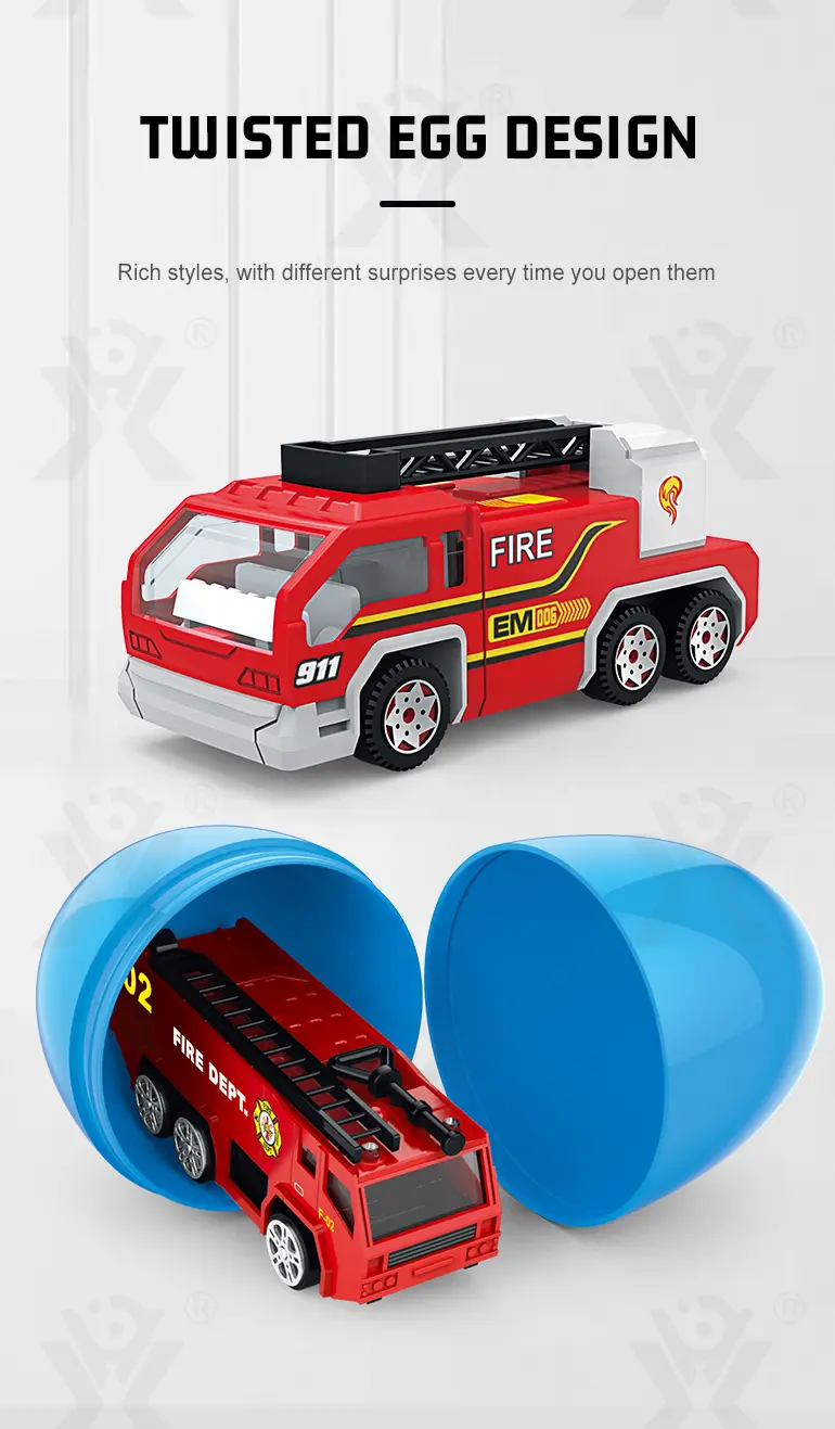 Diecast Fire Truck, Twist-Egg Style, 12 Collectable Style (TB-1500229) — illustrated product details, panel 3