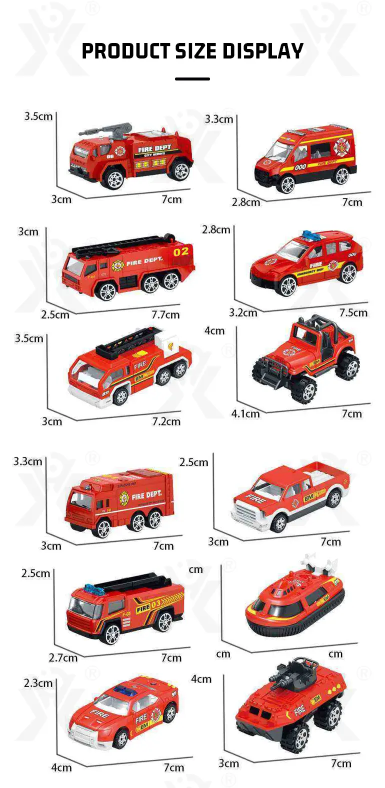 Diecast Fire Truck, Twist-Egg Style, 12 Collectable Style (TB-1500229) — illustrated product details, panel 9
