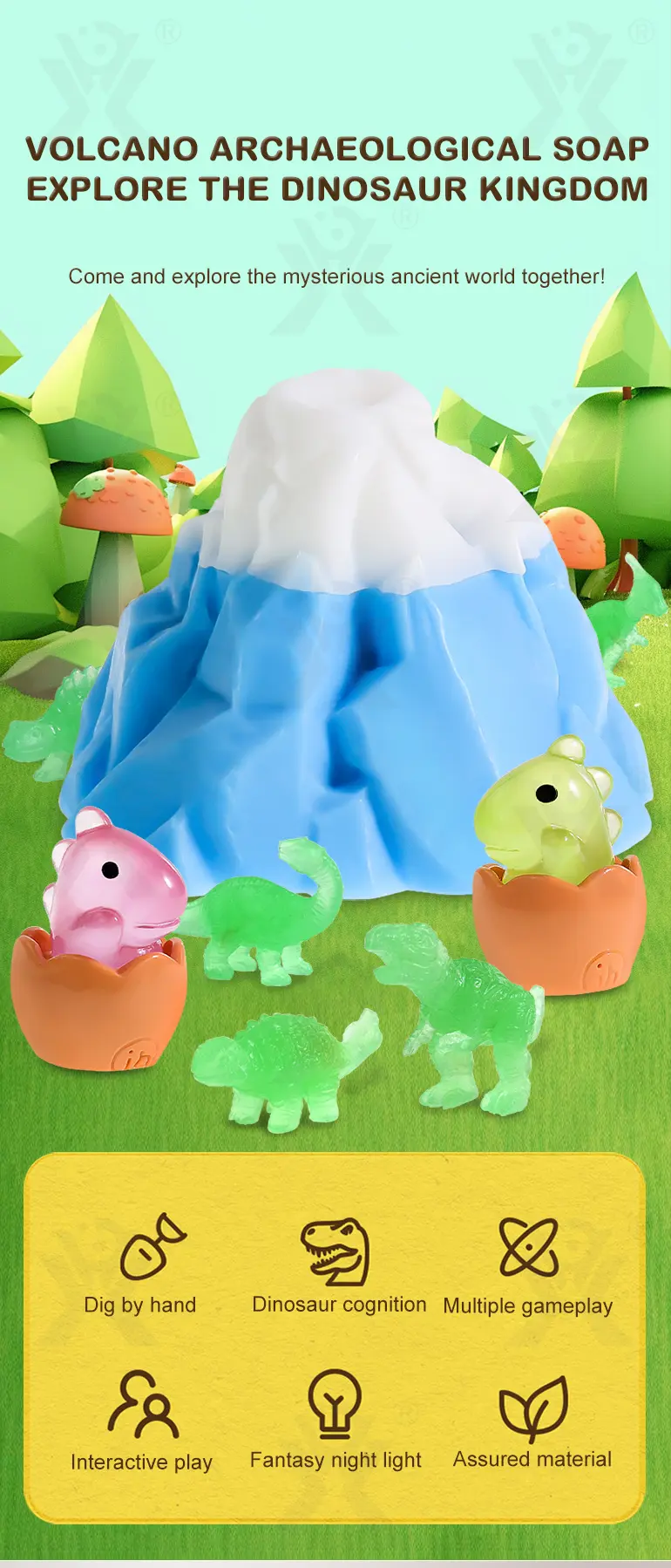 Dinosaur Soap, Vocalno Shape For Digging Play, Glow-in-the-Dark (TB-4399724) — illustrated product details, panel 1