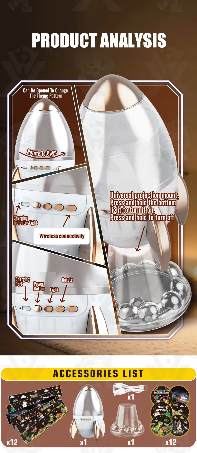 Star Projector Night Light, Space Rocket-Shaped Toy (TB-5154530) — illustrated product details, panel 4