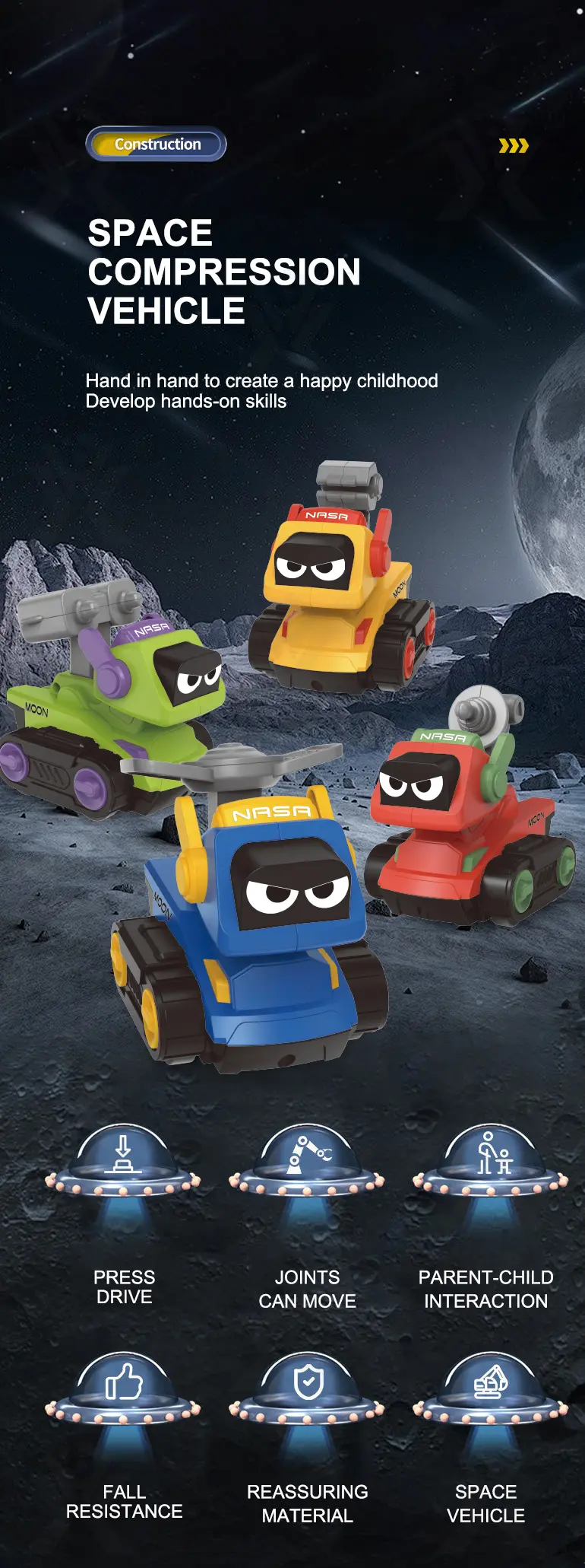 Press-and-Go Toy Car, Space Engineering Themed (TB-4320470) — illustrated product details, panel 1