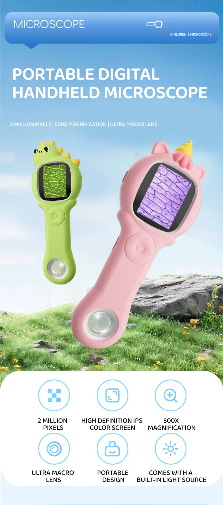 Digital Microscope Toy for Kids, Portable, Handled (TB-4978688) — illustrated product details, panel 1